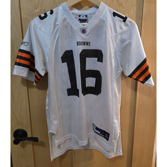 Reebok NFL Browns #16 Youth Large White Mesh Jersey 1 b4 I Die - Picture 2 of 10